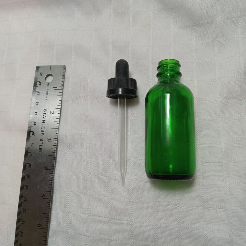Vintage green glass dropper bottles, empty, with glass dropper, inner stopper